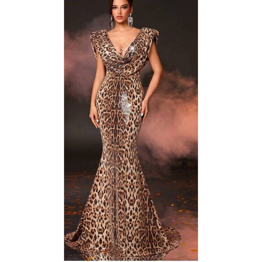 Shein Belle Tan/BlackLeopard Sequin Gown, Cowl Drape Frt/Back, Slvls, NWT, L